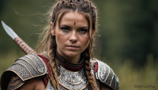 1girl,solo,long hair,looking at viewer,blonde hair,brown hair,closed mouth,upper body,weapon,braid,sword,armor,blurry,twin braids,lips,tattoo,depth of field,blurry background,facial mark,polearm,shoulder armor,messy hair,portrait,freckles,pauldrons,spear,breastplate,forehead mark,realistic,nose,green eyes,mole,mole under mouth,dirty