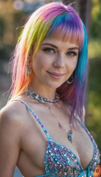 1girl,solo,long hair,breasts,looking at viewer,smile,bangs,blue eyes,blonde hair,cleavage,bare shoulders,jewelry,medium breasts,closed mouth,blue hair,collarbone,swimsuit,upper body,pink hair,purple hair,bikini,multicolored hair,earrings,blunt bangs,necklace,blurry,two-tone hair,lips,grey eyes,eyelashes,sideboob,gradient hair,depth of field,blurry background,gem,bikini top only,blue bikini,realistic,nose,strap gap,rainbow hair,artist name,makeup,watermark