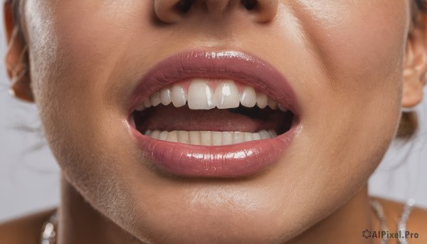 1girl,solo,smile,open mouth,brown hair,1boy,jewelry,male focus,teeth,shiny,necklace,blurry,lips,shiny skin,depth of field,blurry background,portrait,close-up,realistic,nose,looking at viewer,tongue,english text,parody,beads,pearl necklace