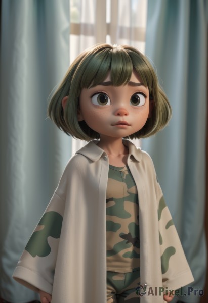 1girl,solo,looking at viewer,short hair,bangs,brown hair,shirt,long sleeves,brown eyes,closed mouth,standing,open clothes,pants,indoors,flat chest,lips,window,border,thick eyebrows,curtains,child,clenched hands,freckles,pajamas,female child,print shirt,oversized clothes,green hair,bob cut,realistic,nose