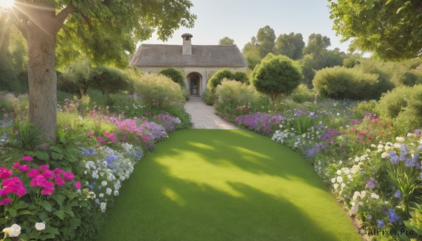 flower,outdoors,sky,day,tree,no humans,shadow,sunlight,grass,plant,white flower,building,nature,scenery,pink flower,forest,blue flower,light rays,purple flower,road,bush,house,path,daisy,garden,cloud,blue sky,door