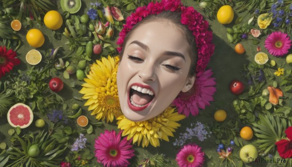 1girl,solo,open mouth,brown hair,closed eyes,flower,food,teeth,tongue,on back,makeup,fruit,leaf,grass,lipstick,portrait,facing viewer,pink flower,realistic,yellow flower,purple flower,red lips,orange (fruit),lemon,berry,kiwi (fruit),hair ornament,hair flower,lips,plant,red flower,what,pineapple