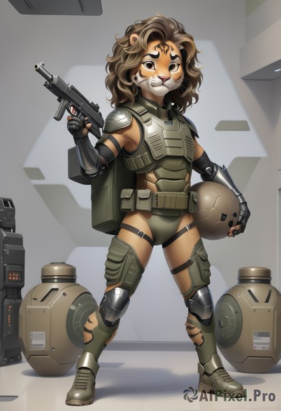 1girl,solo,long hair,looking at viewer,brown hair,gloves,holding,animal ears,brown eyes,standing,full body,weapon,boots,fingerless gloves,medium hair,holding weapon,armor,leotard,gun,facial mark,thick eyebrows,helmet,shoulder armor,holding gun,rifle,furry,headwear removed,science fiction,pouch,breastplate,furry female,assault rifle,knee pads,submachine gun,explosive,elbow pads,grenade,helmet removed,holding helmet,body armor,smile,short hair,thighhighs,black gloves,belt,artist name,cape,mask,armored boots,furrification