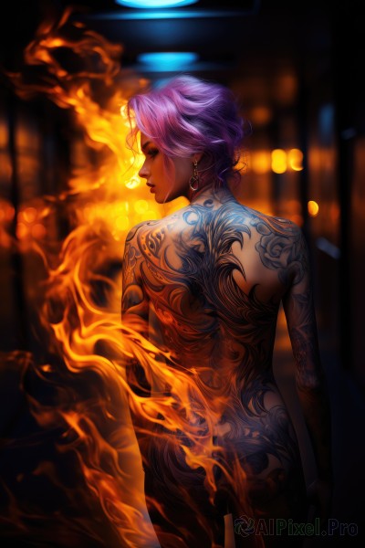 1girl,solo,short hair,jewelry,standing,closed eyes,pink hair,purple hair,ass,nude,cowboy shot,earrings,looking back,dark skin,from behind,blurry,dark-skinned female,tattoo,profile,makeup,blurry background,back,fire,smoke,cigarette,nose,smoking,arm tattoo,back tattoo,burning,full-body tattoo,artist name,completely nude,facial tattoo,neck tattoo