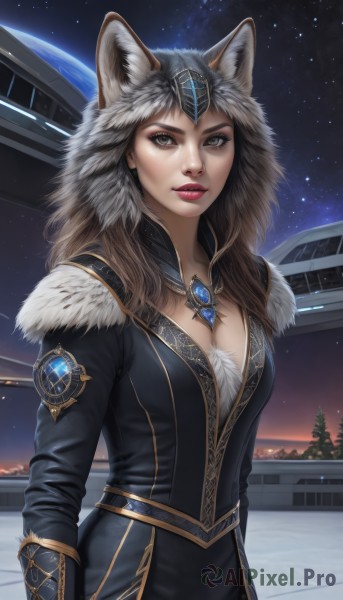 1girl,solo,long hair,breasts,looking at viewer,brown hair,animal ears,cleavage,brown eyes,jewelry,medium breasts,outdoors,parted lips,sky,artist name,signature,necklace,tree,lips,grey eyes,fur trim,makeup,night,lipstick,brooch,gem,star (sky),night sky,pendant,starry sky,nose,red lips,pine tree,hood,wolf ears,realistic,space,planet