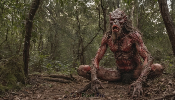 solo,long hair,1boy,sitting,weapon,male focus,outdoors,teeth,day,tree,no humans,mask,muscular,facial hair,abs,nature,beard,forest,monster,indian style,open mouth,claws,horror (theme)