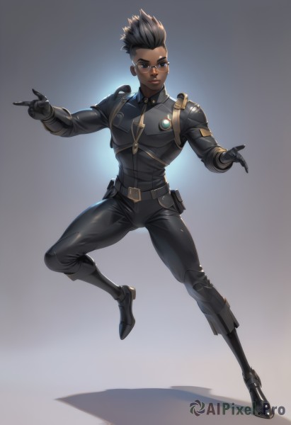 1girl,solo,looking at viewer,smile,short hair,black hair,gloves,1boy,brown eyes,standing,full body,male focus,glasses,black gloves,belt,pants,dark skin,grey background,armor,uniform,dark-skinned female,lips,bodysuit,sunglasses,dark-skinned male,standing on one leg,pouch,black bodysuit,undercut,boots,black eyes,spiked hair,very short hair,animification,very dark skin