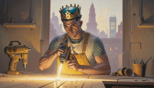 solo,short hair,shirt,black hair,1boy,holding,closed mouth,closed eyes,upper body,weapon,short sleeves,male focus,outdoors,sky,artist name,indoors,dark skin,apron,gun,window,muscular,facial hair,dark-skinned male,crown,robot,muscular male,t-shirt,building,science fiction,city,realistic,manly,kitchen,yellow apron,brown eyes,serious,mustache,screwdriver