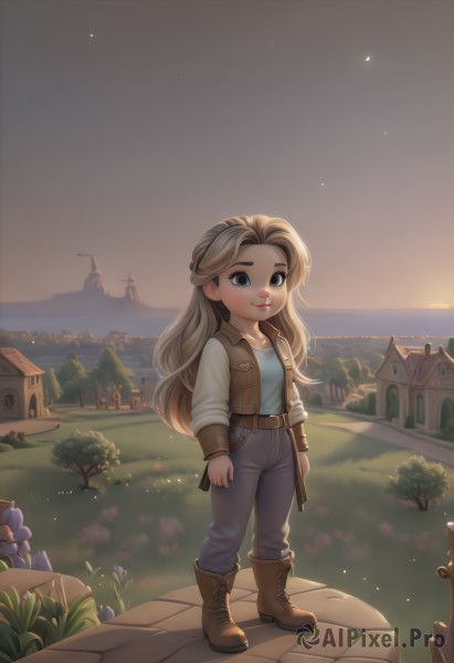 1girl,solo,long hair,looking at viewer,smile,blue eyes,blonde hair,shirt,long sleeves,brown eyes,standing,full body,weapon,flower,boots,outdoors,sky,belt,pants,water,vest,tree,lips,brown footwear,grass,blue shirt,building,sunset,brown belt,house,town,jacket,artist name,ocean,thick eyebrows,aged down,denim,child,cross-laced footwear,watercraft,windmill