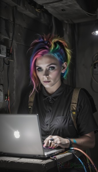 1girl,solo,looking at viewer,short hair,blonde hair,shirt,jewelry,sitting,closed mouth,blue hair,ponytail,pink hair,purple hair,short sleeves,multicolored hair,earrings,collared shirt,indoors,bag,nail polish,bracelet,two-tone hair,lips,streaked hair,fingernails,grey eyes,black shirt,makeup,buttons,piercing,ring,backpack,lipstick,ear piercing,science fiction,pocket,realistic,cable,breast pocket,computer,laptop,cyberpunk,blue eyes,green eyes,upper body,green hair,artist name,watermark,web address,eyeshadow,freckles,nose,cyborg,dirty,mascara,rainbow hair