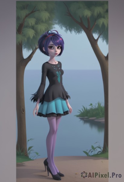 1girl,solo,breasts,looking at viewer,short hair,bangs,skirt,shirt,black hair,long sleeves,dress,bow,ribbon,brown eyes,closed mouth,standing,collarbone,full body,hair ribbon,purple hair,pantyhose,multicolored hair,pleated skirt,hairband,small breasts,outdoors,frills,shoes,day,miniskirt,water,black footwear,black eyes,high heels,red ribbon,tree,lips,blue skirt,black shirt,makeup,grass,lipstick,colored sclera,arms at sides,red hairband,black sclera,purple pantyhose,aqua skirt,swept bangs,leaf,nose