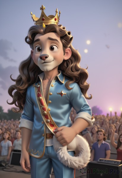 1girl,long hair,smile,brown hair,shirt,1boy,brown eyes,closed mouth,standing,jacket,tail,male focus,outdoors,multiple boys,sky,solo focus,belt,pants,sash,blurry background,facial hair,thick eyebrows,crown,blue shirt,child,6+boys,curly hair,dog,dog tail,mustache,blue pants,mini crown,male child,crowd,people,cowboy shot,open clothes,artist name,signature,blurry,blue jacket,freckles,unbuttoned,partially unbuttoned