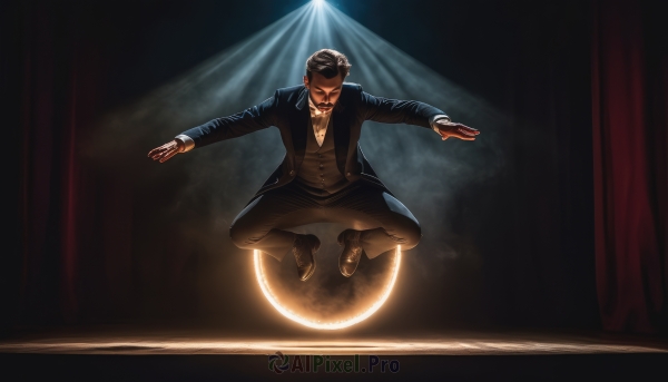 solo,shirt,black hair,long sleeves,1boy,jewelry,jacket,full body,male focus,shoes,pants,bowtie,vest,black jacket,facial hair,parody,black pants,formal,suit,outstretched arms,curtains,beard,mustache,spread arms,spotlight,tuxedo,balancing,bow,sunglasses,floating,realistic,light,traditional bowtie,black suit,stage lights