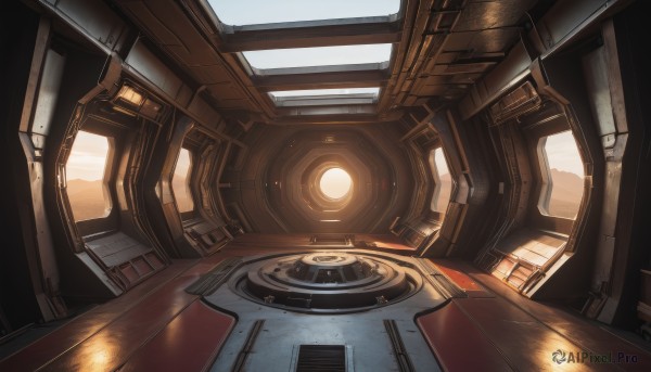 indoors,no humans,window,sunlight,scenery,science fiction,light rays,wooden floor,light,hallway,machinery,reflection,realistic,cable,spacecraft,cockpit