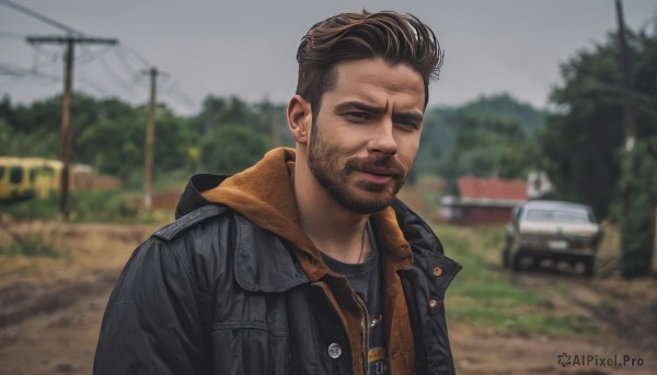 solo,short hair,brown hair,shirt,1boy,jewelry,closed mouth,jacket,closed eyes,upper body,male focus,outdoors,open clothes,hood,blurry,open jacket,tree,black jacket,black shirt,blurry background,facial hair,hood down,ground vehicle,motor vehicle,beard,realistic,stubble,car,undercut,photo background,looking at viewer,smile,black hair,sky,day,hoodie,depth of field,meme,road,leather,power lines,utility pole,leather jacket,grey sky