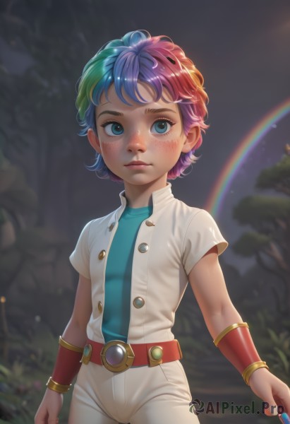 1girl,solo,looking at viewer,blush,short hair,blue eyes,shirt,holding,closed mouth,blue hair,standing,pink hair,purple hair,short sleeves,multicolored hair,cowboy shot,outdoors,green hair,belt,pants,artist name,blurry,flat chest,two-tone hair,tree,lips,night,buttons,blurry background,wristband,gem,child,nature,web address,androgynous,forest,personification,freckles,realistic,white pants,unbuttoned,brown belt,bracer,rainbow,rainbow hair,red hair,male child