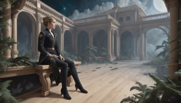 1girl,solo,short hair,blonde hair,brown hair,long sleeves,jewelry,sitting,jacket,full body,boots,outdoors,sky,belt,pants,cloud,black footwear,uniform,high heels,from side,lips,profile,night,looking away,black pants,moon,plant,building,star (sky),night sky,scenery,full moon,high heel boots,starry sky,railing,bench,pillar,moonlight,arch,breasts,bangs,brown eyes,closed mouth,flower,hair bun,tree,coat,military,military uniform,buttons,single hair bun,cloudy sky,blue jacket,epaulettes,double-breasted,looking afar,architecture,ruins,aiguillette,hands on lap