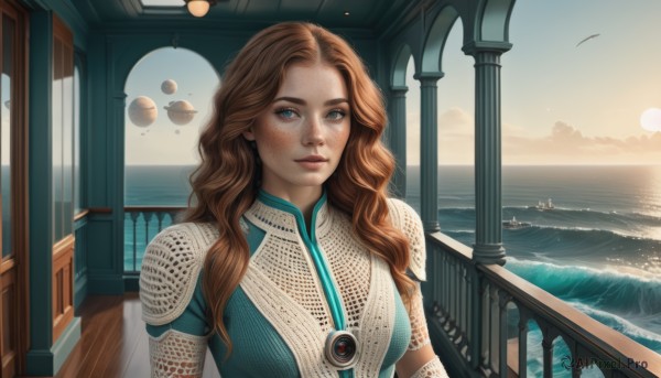 1girl,solo,long hair,breasts,looking at viewer,smile,blue eyes,brown hair,medium breasts,upper body,outdoors,sky,day,cloud,water,lips,bodysuit,bird,ocean,wavy hair,beach,freckles,curly hair,sunset,realistic,sun,horizon,watercraft,waves,boat,jewelry,armor,scenery,ship