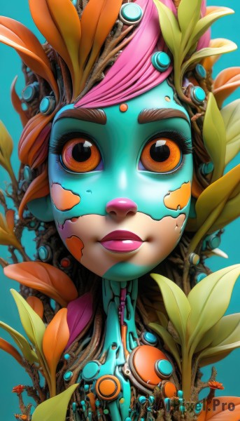 1girl,solo,looking at viewer,smile,open mouth,simple background,brown eyes,upper body,flower,parted lips,artist name,lips,orange eyes,makeup,colored skin,leaf,blue background,plant,robot,lipstick,portrait,pink hair,multicolored hair,monster girl,blue skin,colorful,orange skin