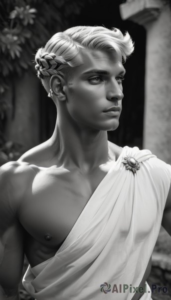 solo,short hair,1boy,jewelry,closed mouth,nipples,collarbone,monochrome,upper body,flower,greyscale,male focus,earrings,artist name,blurry,lips,looking to the side,muscular,blurry background,piercing,pectorals,muscular male,realistic,nose,bare pectorals,pillar,single bare shoulder,statue,laurel crown,column,greek clothes,braid,scar,looking away,robe,nipple piercing