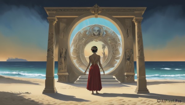 1girl,solo,long hair,looking at viewer,skirt,black hair,hair ornament,dress,jewelry,standing,flower,outdoors,sky,barefoot,cloud,hair flower,dark skin,water,from behind,dark-skinned female,shadow,red skirt,ocean,beach,scenery,sunset,long skirt,stairs,sand,horizon,wide shot,pillar,statue,bare shoulders,weapon,colored skin,back,red dress,red flower,long dress,head wreath,grey skin,waves,greek clothes