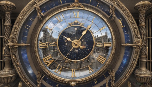 solo,sky,cloud,blue sky,no humans,building,star (sky),scenery,clock,architecture,pillar,gears,tower,roman numeral,outdoors,day,indoors,starry sky,watch,fantasy,pocket watch,still life,analog clock,hourglass