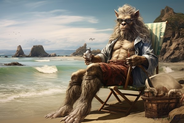 solo,long hair,shirt,1boy,holding,animal ears,sitting,jacket,full body,male focus,outdoors,open clothes,sky,shorts,day,cloud,water,cup,blue sky,open shirt,muscular,bird,ocean,chair,beach,sunglasses,bottle,holding cup,claws,beard,furry,drinking glass,sand,basket,furry male,red shorts,seagull,hat,white hair,open jacket,facial hair,scar,abs,pectorals,headwear removed,mountain,watercraft,chest hair