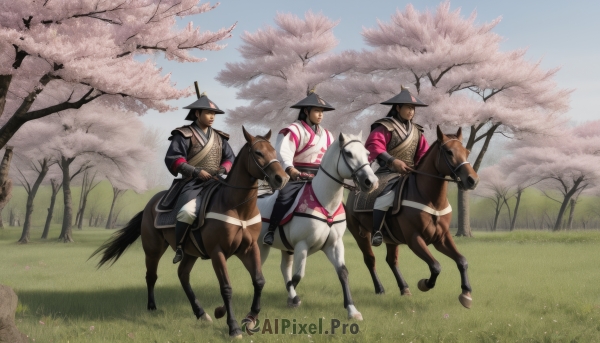 black hair,long sleeves,hat,weapon,male focus,outdoors,multiple boys,sky,day,sword,2boys,armor,tree,blue sky,animal,3boys,grass,cherry blossoms,riding,horse,horseback riding,reins,saddle,1girl,multiple girls,holding,japanese clothes,holding weapon,black headwear,sheath,scenery,sheathed