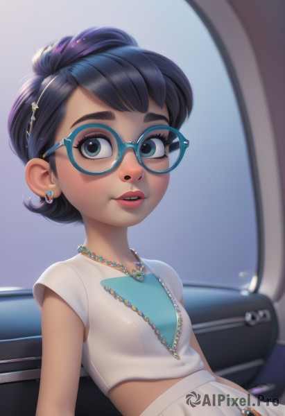 1girl,solo,breasts,looking at viewer,smile,short hair,bangs,blue eyes,skirt,shirt,black hair,hair ornament,jewelry,sitting,white shirt,upper body,short sleeves,hairband,earrings,small breasts,parted lips,glasses,teeth,hairclip,midriff,artist name,dark skin,necklace,star (symbol),dark-skinned female,lips,crop top,eyelashes,makeup,watermark,thick eyebrows,white skirt,lipstick,ground vehicle,child,web address,motor vehicle,freckles,pink lips,nose,female child,car,stud earrings,cropped shirt,blue-framed eyewear,car interior,heart,piercing,nose piercing