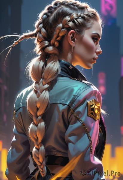 1girl,solo,long hair,blonde hair,brown hair,long sleeves,brown eyes,jewelry,jacket,upper body,braid,multicolored hair,earrings,outdoors,artist name,from behind,blurry,twin braids,two-tone hair,lips,profile,makeup,night,blurry background,piercing,denim,lipstick,city,realistic,nose,earphones,earbuds,earpiece,multiple braids,open clothes,from side,open jacket,ear piercing,backlighting,cropped jacket