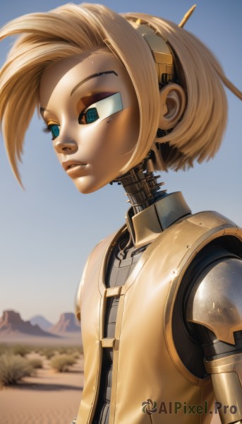 1girl,solo,short hair,blue eyes,blonde hair,upper body,hairband,outdoors,parted lips,sky,day,blurry,flat chest,blue sky,lips,blurry background,headgear,robot,science fiction,android,joints,cyborg,robot joints,desert,mole,from side,aqua eyes,eyelashes,makeup,eyeshadow,nose,humanoid robot