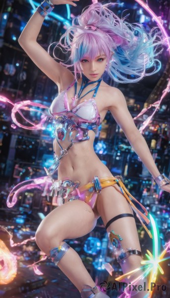 1girl,solo,long hair,breasts,looking at viewer,smile,bangs,blue eyes,navel,jewelry,medium breasts,underwear,blue hair,swimsuit,ponytail,weapon,pink hair,bikini,multicolored hair,earrings,belt,sword,necklace,bra,mole,blurry,arm up,bracelet,two-tone hair,lips,thigh strap,night,floating hair,blurry background,wristband,city,city lights,hair ornament,bare shoulders,pointy ears,gradient hair,watermark