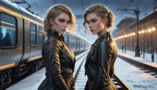 looking at viewer,short hair,blue eyes,multiple girls,blonde hair,brown hair,hair ornament,2girls,jewelry,closed mouth,jacket,braid,earrings,outdoors,necktie,uniform,lips,coat,black jacket,military,makeup,night,siblings,sisters,ground vehicle,motor vehicle,snow,twins,car,road,leather,winter,leather jacket,train,train station,railroad tracks,breasts,asymmetrical hair,realistic,stud earrings