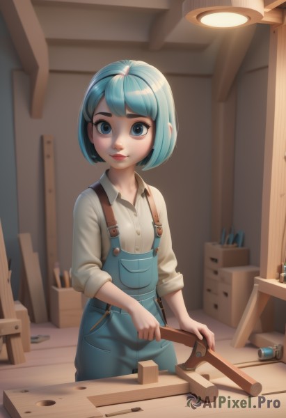 1girl,solo,looking at viewer,smile,short hair,bangs,blue eyes,shirt,long sleeves,holding,closed mouth,blue hair,standing,white shirt,cowboy shot,collared shirt,indoors,lips,aqua hair,buttons,bob cut,thick eyebrows,suspenders,child,sleeves rolled up,freckles,female child,overalls,hammer,shelf,wrench,blue overalls,makeup,nose