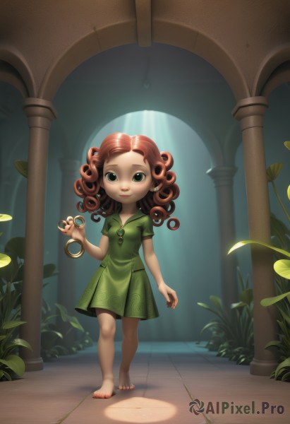 1girl,solo,long hair,looking at viewer,smile,brown hair,dress,holding,green eyes,standing,full body,short sleeves,red hair,barefoot,indoors,nail polish,toes,leaf,plant,child,freckles,toenails,curly hair,green dress,toenail polish,female child,scissors,pillar,holding scissors,jewelry,feet,aged down,bike shorts