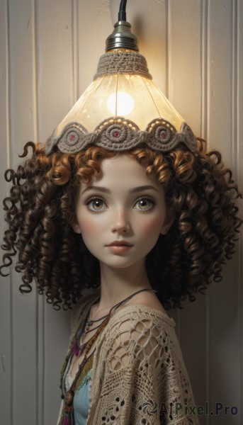 1girl,solo,long hair,breasts,looking at viewer,brown hair,brown eyes,jewelry,closed mouth,upper body,small breasts,indoors,dark skin,necklace,blurry,from side,dark-skinned female,lips,eyelashes,lace,web address,curly hair,realistic,nose,light,ringlets,light bulb,yellow eyes,lamp