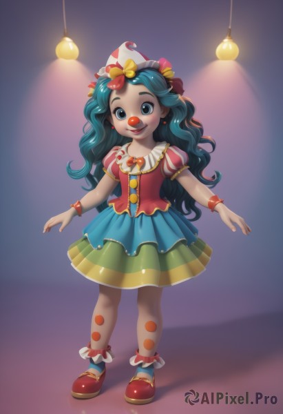 1girl,solo,long hair,looking at viewer,smile,open mouth,blue eyes,skirt,shirt,hair ornament,hat,dress,bow,jewelry,blue hair,standing,full body,short sleeves,hair bow,earrings,frills,green hair,shoes,teeth,socks,striped,puffy sleeves,dark skin,bracelet,dark-skinned female,puffy short sleeves,blue skirt,see-through,aqua hair,polka dot,red footwear,multicolored clothes,mary janes,personification,purple background,pigeon-toed,jester cap,polka dot legwear,clown,nail polish,wrist cuffs,wavy hair,curly hair,multicolored legwear,light bulb