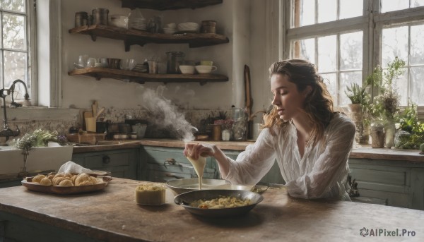 solo,long hair,brown hair,shirt,black hair,long sleeves,1boy,holding,jewelry,closed eyes,white shirt,male focus,food,day,indoors,necklace,tree,cup,window,facial hair,eating,table,bottle,plant,steam,beard,plate,smoke,bowl,chopsticks,realistic,spoon,basket,potted plant,bread,egg,cooking,noodles,ladle,kitchen,jar,frying pan,sink,counter,kettle,wooden table,stove,soup,1girl,sitting,sunlight,knife,head rest,hand on own chin