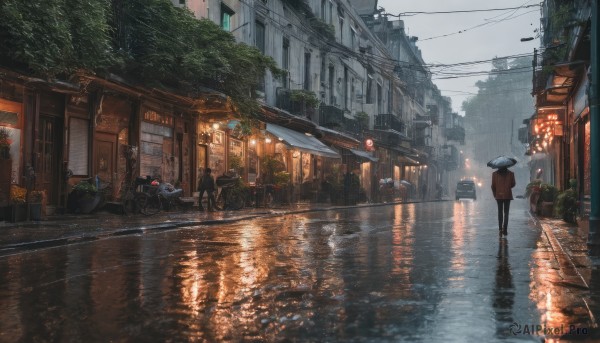 1girl, outdoors, sky, water, tree, umbrella, plant, ground vehicle, building, scenery, motor vehicle, reflection, rain, lantern, city, sign, car, road, power lines, lamppost, street, utility pole, puddle