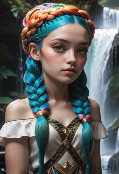 1girl,solo,long hair,breasts,looking at viewer,hair ornament,dress,bare shoulders,closed mouth,green eyes,blue hair,collarbone,upper body,braid,multicolored hair,hairband,small breasts,outdoors,artist name,water,off shoulder,white dress,blurry,twin braids,lips,eyelashes,aqua hair,makeup,blurry background,headband,leaf,watermark,hair over shoulder,web address,freckles,realistic,nose,off-shoulder dress,red lips,blue hairband,waterfall,mascara,multiple braids,blush,jewelry,earrings,orange hair,two-tone hair,gradient hair,piercing,sunlight,thick eyebrows,forehead,off-shoulder shirt,crown braid