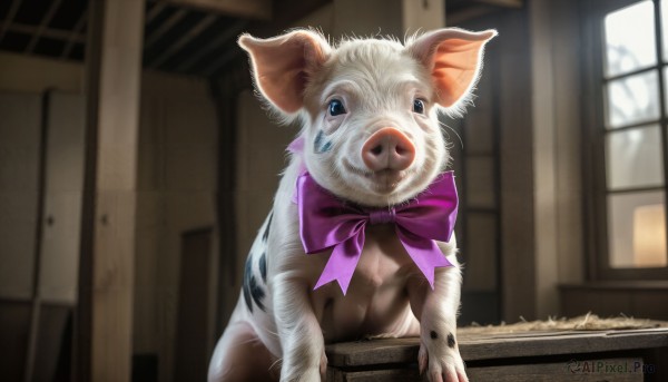 HQ,solo,looking at viewer,blue eyes,bow,indoors,bowtie,blurry,no humans,window,depth of field,blurry background,animal,pink bow,purple bow,realistic,animal focus,pink bowtie,purple bowtie,whiskers,ribbon,sitting,closed mouth,day,watermark