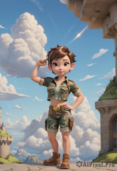 1girl,solo,looking at viewer,short hair,brown hair,navel,brown eyes,standing,jacket,full body,short sleeves,boots,outdoors,sky,shorts,day,midriff,belt,cloud,uniform,tree,blue sky,lips,crop top,hand on hip,military,military uniform,brown footwear,cloudy sky,building,child,cropped jacket,pouch,aircraft,camouflage,green shorts,castle,soldier,camouflage jacket,breasts,smile,bangs,shirt,closed mouth,collarbone,open clothes,shoes,artist name,hand up,signature,arm up,open jacket,swept bangs,sunlight,thick eyebrows,scenery,mountain,nose,green shirt,ankle boots,tower,cliff