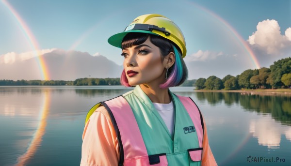 1girl,solo,short hair,shirt,black hair,hat,brown eyes,jewelry,white shirt,upper body,pink hair,multicolored hair,earrings,outdoors,parted lips,sky,day,artist name,cloud,water,bag,black eyes,vest,two-tone hair,tree,blue sky,lips,looking to the side,makeup,backpack,helmet,cloudy sky,lipstick,reflection,mountain,rainbow,river,yellow headwear,lake,bangs,brown hair,looking away,nature,scenery,realistic