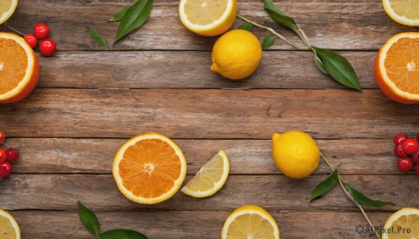 food,no humans,fruit,leaf,table,wooden floor,realistic,orange (fruit),food focus,lemon,still life,lemon slice,wooden table,orange slice,scenery,branch,berry