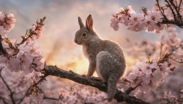 flower, outdoors, sky, blurry, tree, no humans, depth of field, blurry background, animal, cherry blossoms, rabbit, realistic, branch, animal focus