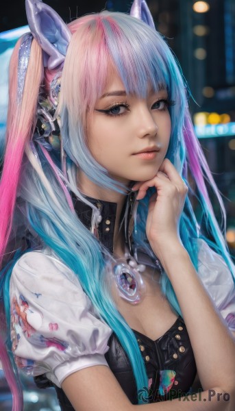 1girl,solo,long hair,breasts,looking at viewer,bangs,blue eyes,animal ears,cleavage,twintails,jewelry,medium breasts,closed mouth,blue hair,upper body,pink hair,short sleeves,multicolored hair,puffy sleeves,cat ears,blurry,black eyes,two-tone hair,puffy short sleeves,lips,grey eyes,eyelashes,gradient hair,blurry background,fake animal ears,headphones,hand on own face,head rest,realistic,nose,animal ear headphones,cat ear headphones,small breasts,artist name,signature,black dress,streaked hair,clothing cutout,depth of field,expressionless,cleavage cutout,zipper,hand on own chin,bokeh,fish print