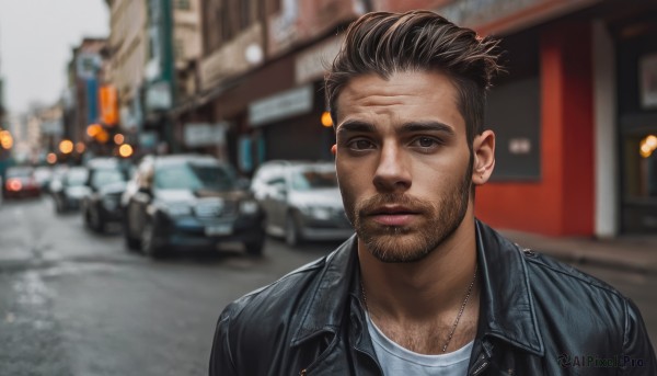 solo,looking at viewer,short hair,brown hair,shirt,black hair,1boy,brown eyes,jewelry,jacket,white shirt,upper body,male focus,outdoors,necklace,blurry,black jacket,blurry background,facial hair,ground vehicle,motor vehicle,beard,realistic,stubble,car,leather,undercut,leather jacket,photo background,closed mouth,day,lips,depth of field,scar,portrait,scar on face,city,road,street,bokeh