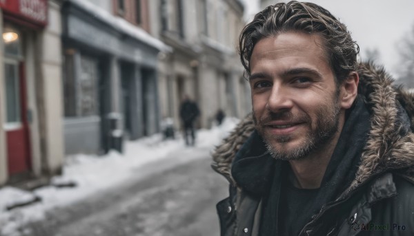 solo,looking at viewer,smile,short hair,brown hair,shirt,black hair,1boy,jacket,upper body,male focus,outdoors,solo focus,hood,blurry,black eyes,coat,black jacket,fur trim,black shirt,depth of field,blurry background,facial hair,thick eyebrows,building,portrait,beard,snow,snowing,mature male,realistic,mustache,stubble,winter clothes,fur-trimmed jacket,blue eyes,parted lips,day,grin,lips,scar,winter