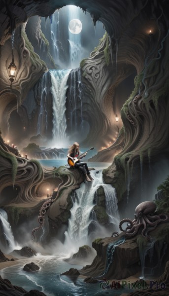 1girl,solo,long hair,brown hair,1boy,sitting,outdoors,sky,barefoot,pants,water,tree,night,moon,instrument,nature,scenery,tentacles,full moon,forest,lantern,rock,mountain,fantasy,music,guitar,playing instrument,holding instrument,waterfall,octopus,cliff,cave,flute,blonde hair,night sky