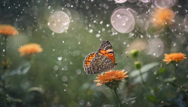 solo, flower, wings, artist name, signature, blurry, no humans, depth of field, blurry background, leaf, bug, butterfly, bubble, butterfly wings, orange flower